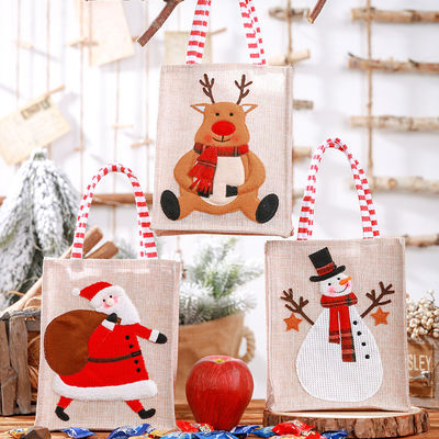 Santa Snowman Elk Christmas Gift Striped Linen Hanging Leg Tote with Custom Logo