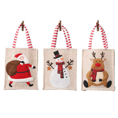 Santa Snowman Elk Christmas Gift Striped Linen Hanging Leg Tote with Custom Logo