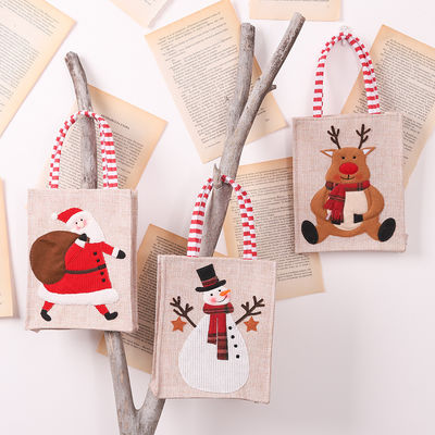 Santa Snowman Elk Christmas Gift Striped Linen Hanging Leg Tote with Custom Logo