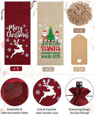 Reusable Jute Christmas Wine Bags for Wine Bottles Customized Letter Pattern Type