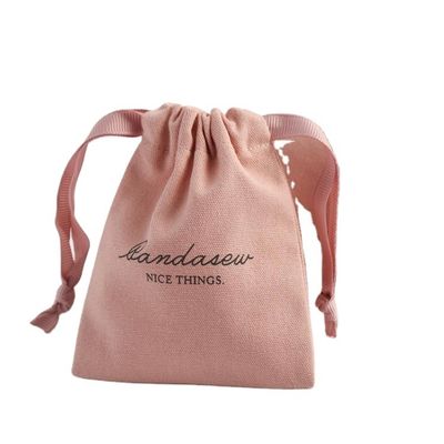 Medium Shopping Packaging Custom Pink Soft Canvas Printed Cotton Linen Drawstring Bags