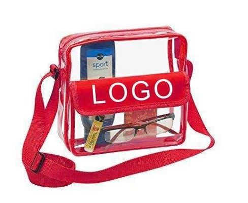 Customized Logo Clear Red DST Stadium Crossbody Messenger Bag with Woven Embroidery Strap