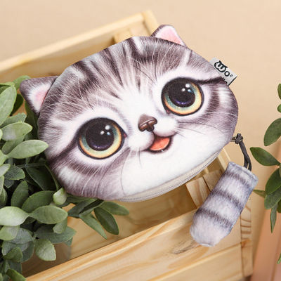 Customized Color Plush Make-up Bag with 3D Cat Coin Purse and Animal Print Tail Zipper