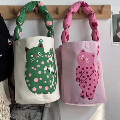 Mini Cute Bucket Bag Canvas Tote Bag Front Pocket and Customized Design