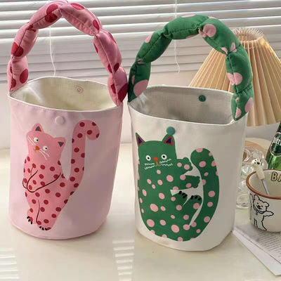 Mini Cute Bucket Bag Canvas Tote Bag Front Pocket and Customized Design