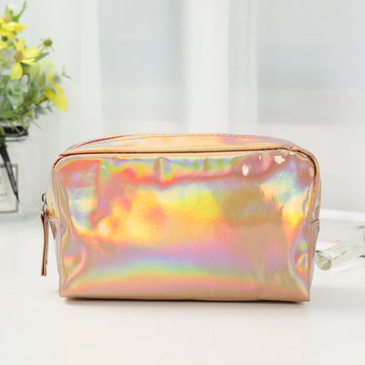 PU Cosmetic Bag Custom Logo Holographic Silver Purple Waterproof Zipper Pouch Rose Gold Makeup Bag Fashion