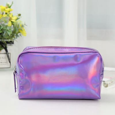 PU Cosmetic Bag Custom Logo Holographic Silver Purple Waterproof Zipper Pouch Rose Gold Makeup Bag Fashion