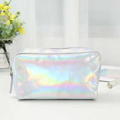 PU Cosmetic Bag Custom Logo Holographic Silver Purple Waterproof Zipper Pouch Rose Gold Makeup Bag Fashion