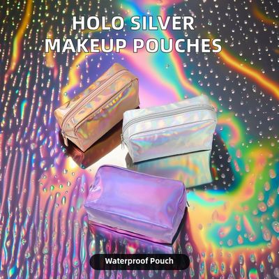 PU Cosmetic Bag Custom Logo Holographic Silver Purple Waterproof Zipper Pouch Rose Gold Makeup Bag Fashion