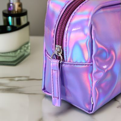 PU Cosmetic Bag Custom Logo Holographic Silver Purple Waterproof Zipper Pouch Rose Gold Makeup Bag Fashion
