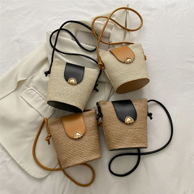 Summer Style Designer Handmade Round Straw Woven Beach Bucket Bag for Women's Handbag