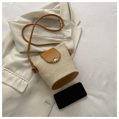 Summer Style Designer Handmade Round Straw Woven Beach Bucket Bag for Women's Handbag