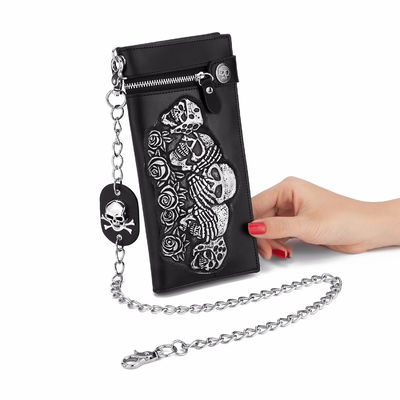 Fashionable Rose Skull Anti Theft Chain Strip Short and Long Wallet Leather Punk Wallet