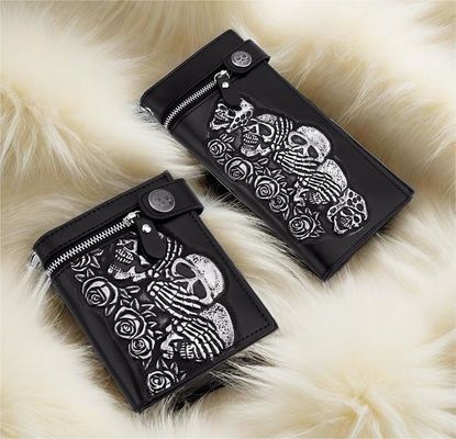 Fashionable Rose Skull Anti Theft Chain Strip Short and Long Wallet Leather Punk Wallet