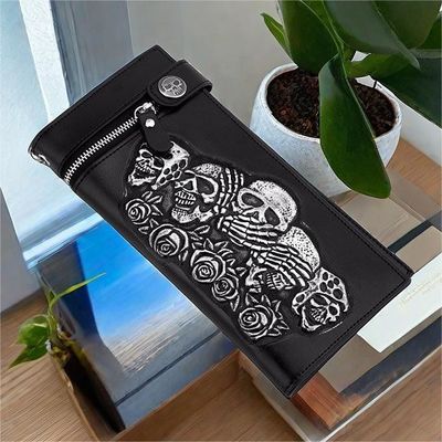 Fashionable Rose Skull Anti Theft Chain Strip Short and Long Wallet Leather Punk Wallet