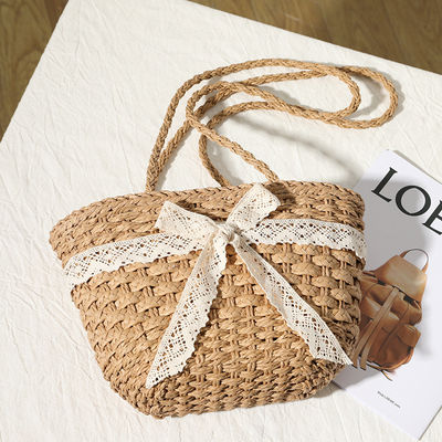 Open Closure Customized Color Straw Bag Lace Bow Woven Bag for Seaside Vacation Beach Women