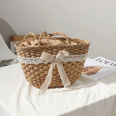 Open Closure Customized Color Straw Bag Lace Bow Woven Bag for Seaside Vacation Beach Women