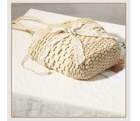 Open Closure Customized Color Straw Bag Lace Bow Woven Bag for Seaside Vacation Beach Women
