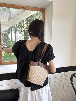 Vegetable Basket Straw Bag Open Closure French Retro Style Perfect for Beach Vacation