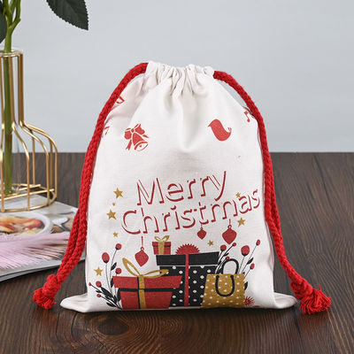 Customized Logo 2022 Christmas Drawstring Sacks 100% Cotton Santa Stockings Candy Nuts Gift Package Bag
