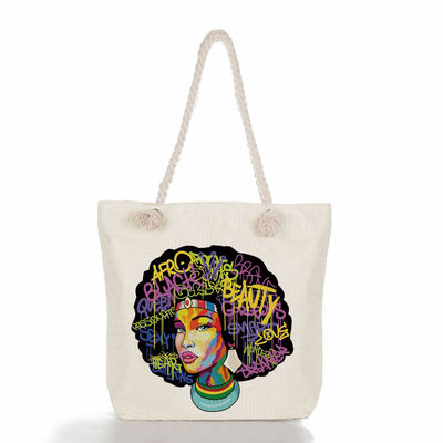 Open Closure Unisex Large Straw Cotton Tote with Waterproof Lining and Rope Handles