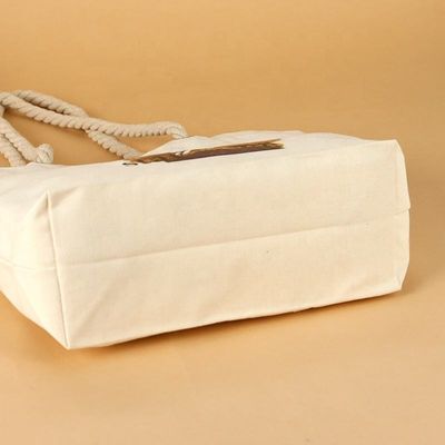 Open Closure Unisex Large Straw Cotton Tote with Waterproof Lining and Rope Handles