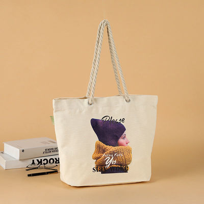 Open Closure Unisex Large Straw Cotton Tote with Waterproof Lining and Rope Handles