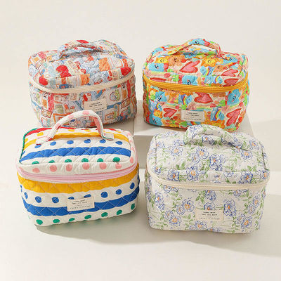 Floral Puffy Quilted Makeup Bag for Daily Life Ins Travel Student Tote Large Capacity