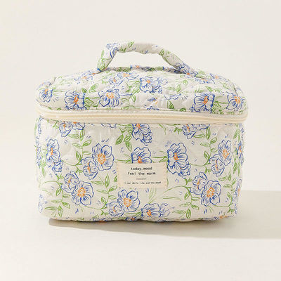 Floral Puffy Quilted Makeup Bag for Daily Life Ins Travel Student Tote Large Capacity