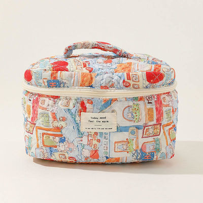 Floral Puffy Quilted Makeup Bag for Daily Life Ins Travel Student Tote Large Capacity