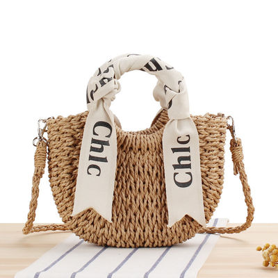 Custom Logo Accepted Silk Scarf Travel Holiday Bag with Portable Straw Woven Material