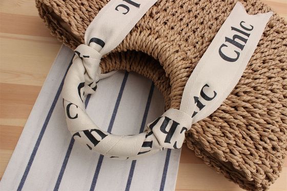Custom Logo Accepted Silk Scarf Travel Holiday Bag with Portable Straw Woven Material