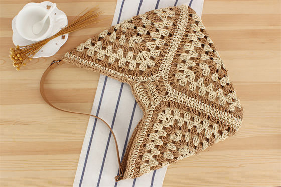 Women's Eco-friendly Handwoven Beach Bag with Hollow Out Flower Design and PU Leather Strap