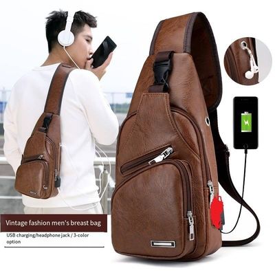 Customized Size Newest Fashinable Mens PU Leather Chest Bags with USB Charging Port