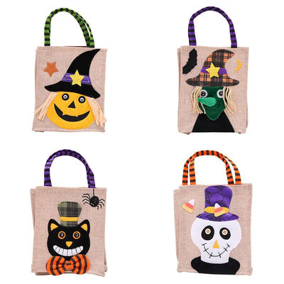 Open Closure Reusable Halloween Pumpkin Witch Skeleton Linen Bag for Candy Collection