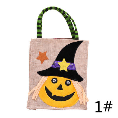Open Closure Reusable Halloween Pumpkin Witch Skeleton Linen Bag for Candy Collection