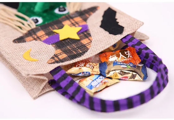 Open Closure Reusable Halloween Pumpkin Witch Skeleton Linen Bag for Candy Collection