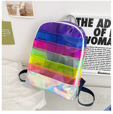 Stylish Transparent PVC Backpack Women's Jelly Stripe Stitching Rainbow Hologram for Daily