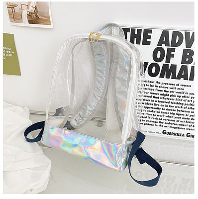Stylish Transparent PVC Backpack Women's Jelly Stripe Stitching Rainbow Hologram for Daily