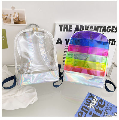 Stylish Transparent PVC Backpack Women's Jelly Stripe Stitching Rainbow Hologram for Daily