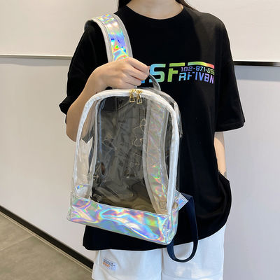 Stylish Transparent PVC Backpack Women's Jelly Stripe Stitching Rainbow Hologram for Daily