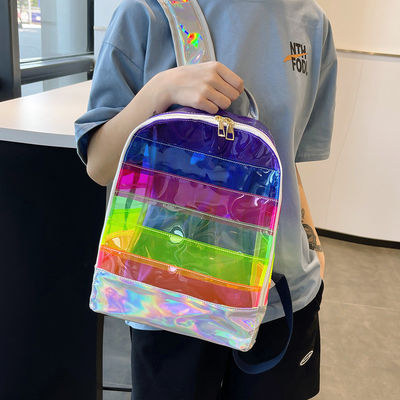 Stylish Transparent PVC Backpack Women's Jelly Stripe Stitching Rainbow Hologram for Daily