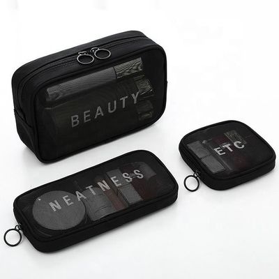 Solid Pattern Type Nylon Mesh Toiletry Makeup Cosmetic Bag Set with Custom Letters Logo