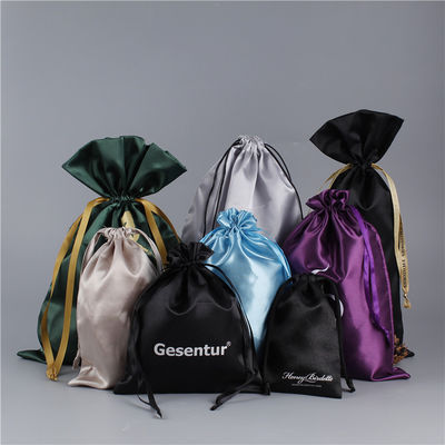 Custom Logo Satin Drawstring Bag for Hair Wig Storage and Large Silk Gift Packaging