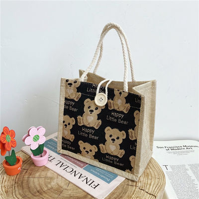 Customized Lovely Cartoon Bear Printed Plain Cotton Canvas Grocery Shopping Jute Tote Bag
