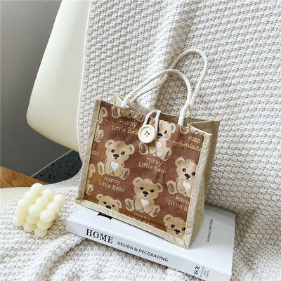 Customized Lovely Cartoon Bear Printed Plain Cotton Canvas Grocery Shopping Jute Tote Bag