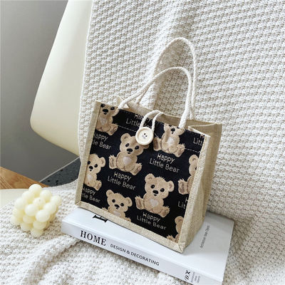 Customized Lovely Cartoon Bear Printed Plain Cotton Canvas Grocery Shopping Jute Tote Bag