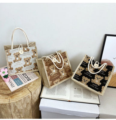 Customized Lovely Cartoon Bear Printed Plain Cotton Canvas Grocery Shopping Jute Tote Bag