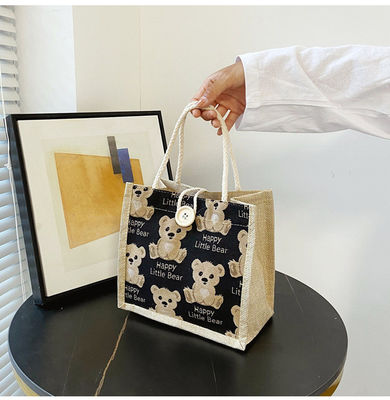 Customized Lovely Cartoon Bear Printed Plain Cotton Canvas Grocery Shopping Jute Tote Bag