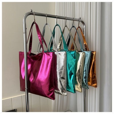Soft Tote Handbag Simple Solid Color Shiny Patent Leather for Cute Girl Shopping Bag